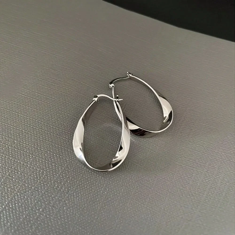 Oval Silver Twist Hoop Earrings Secure Back Lightweight Long Drop Everyday Style